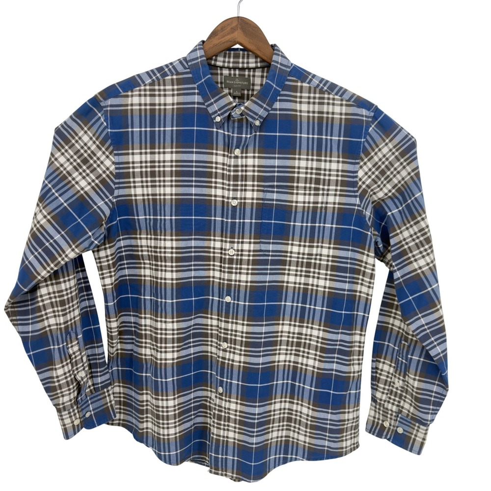 L.L. Bean Signature Button Down Mens L Blue Plaid Slim Fit Cotton